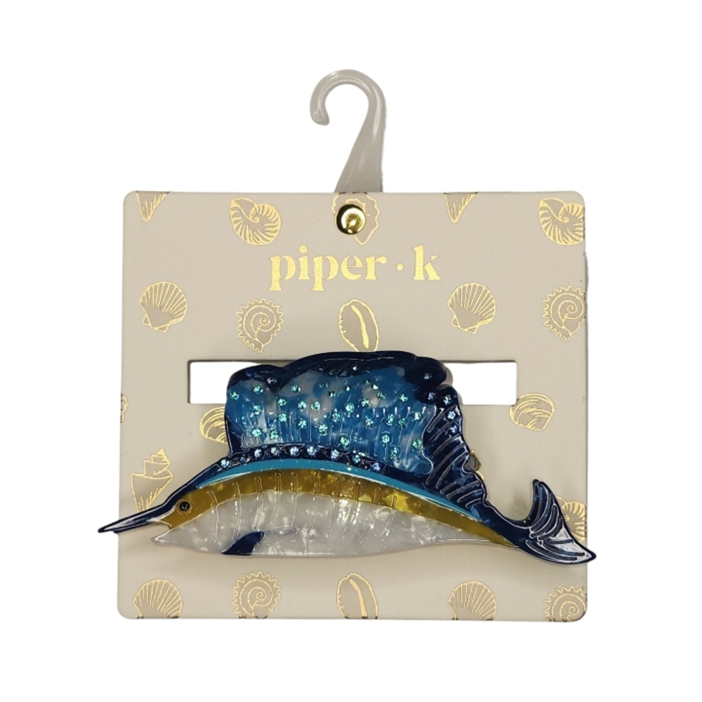 Piper K White Marlin w/ Yellow and Blue Pearlescent Rhinestone Accents Hair Clip